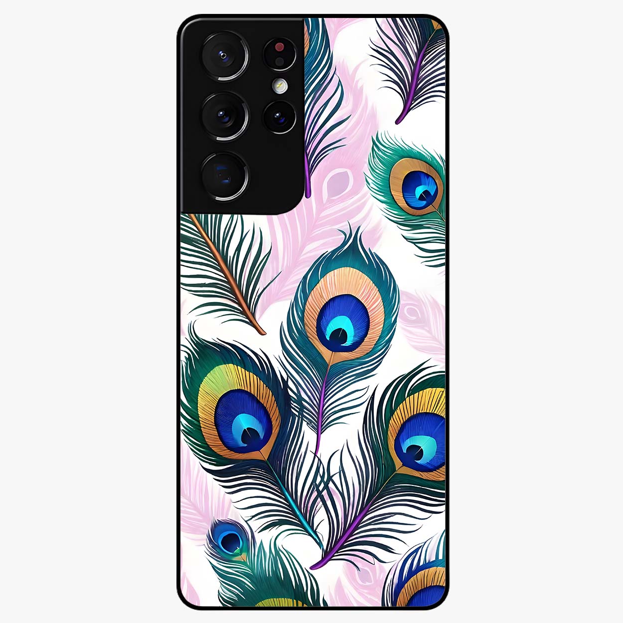 Royal Peacock Feathers Glass Case showing flat back view with colorful peacock feather artwork and glossy glass finish.