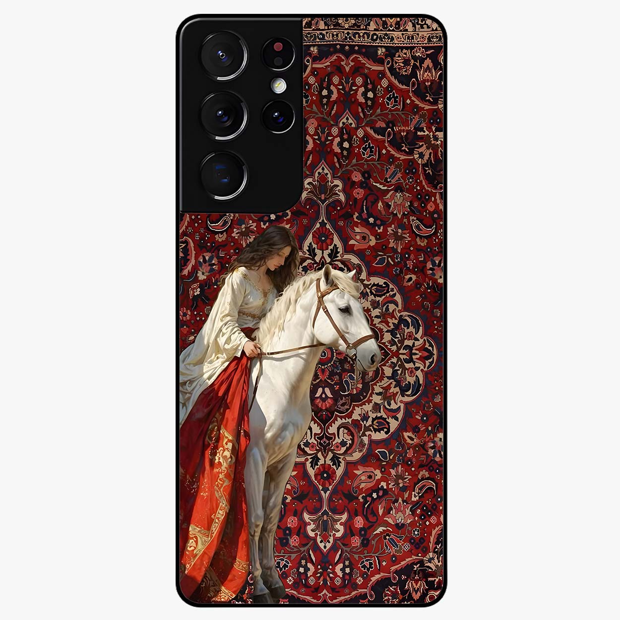 Royal Rider Tapestry Glass Case showing flat back view with majestic horse rider tapestry artwork and glossy glass finish.