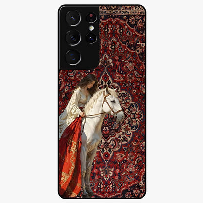 Royal Rider Tapestry Glass Case showing flat back view with majestic horse rider tapestry artwork and glossy glass finish.