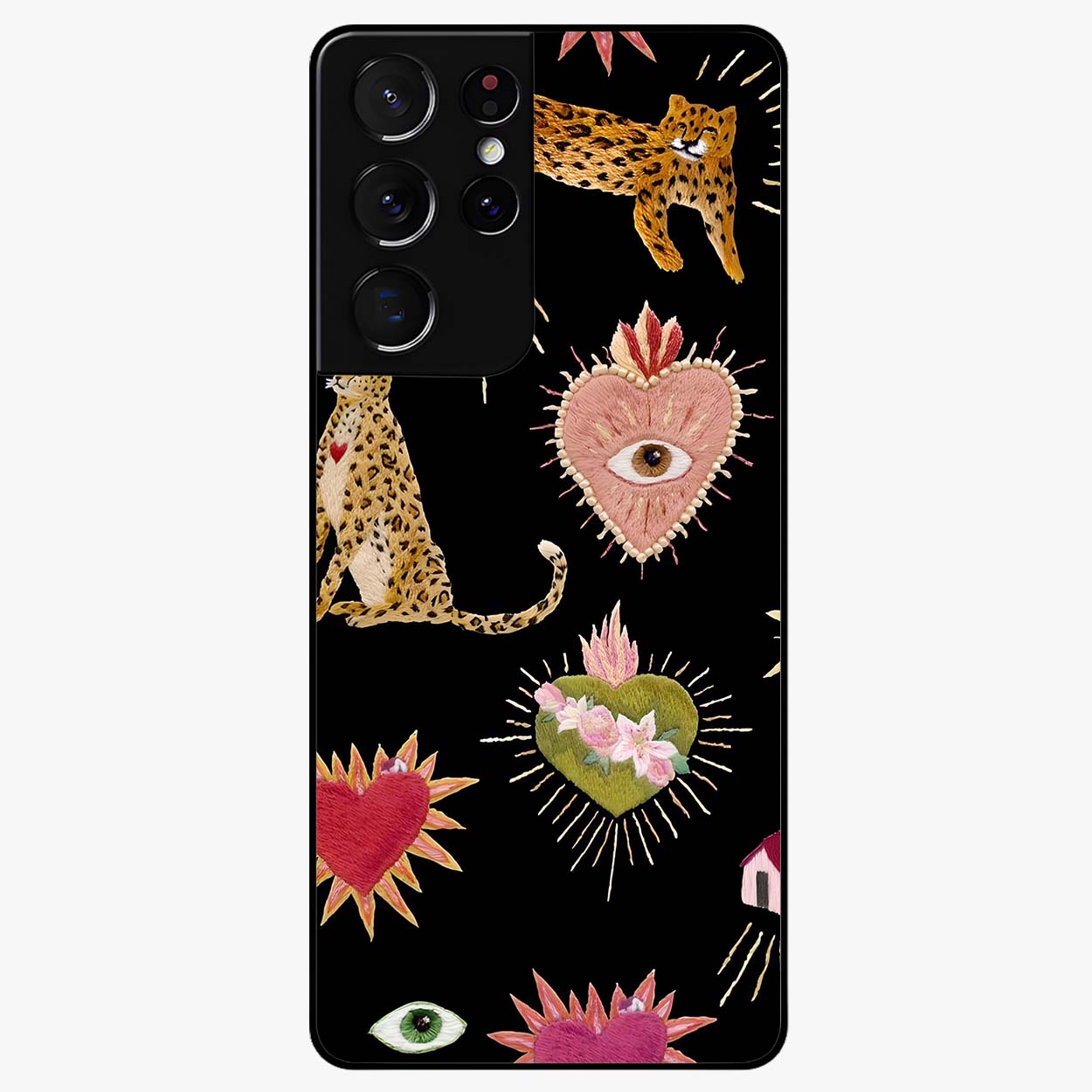 Sacred Jungle Heart Glass Case showing flat back view with jungle inspired heart artwork and glossy glass finish.