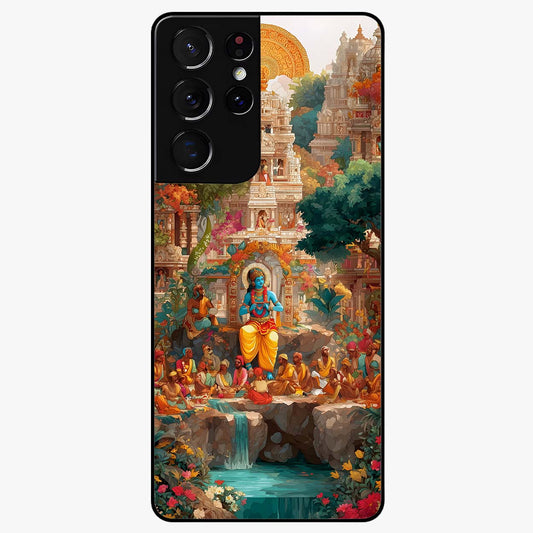 Sacred Sunlight Gods Glass Case showing flat back view with divine sunlight themed artwork and glossy glass finish.