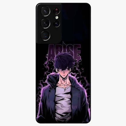 Shadow Monarch Awakening Glass Case showing flat back view with powerful dark monarch themed artwork and glossy glass finish.