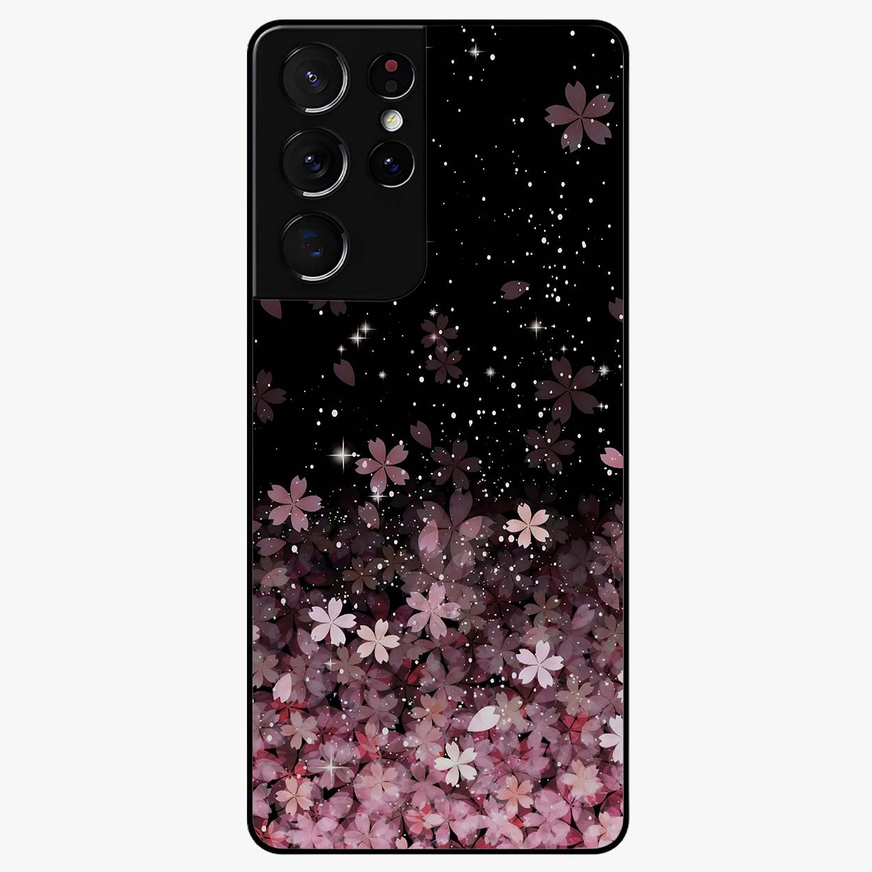 Small Starry Flowers Glass Case showing flat back view with delicate starry floral artwork and glossy glass finish.