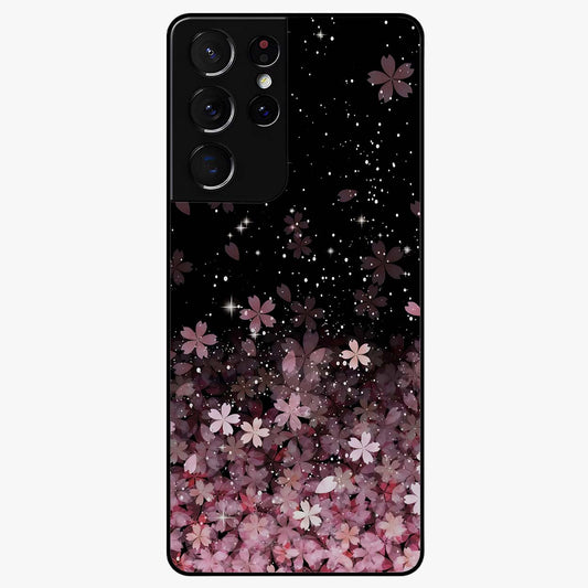 Small Starry Flowers Glass Case showing flat back view with delicate starry floral artwork and glossy glass finish.