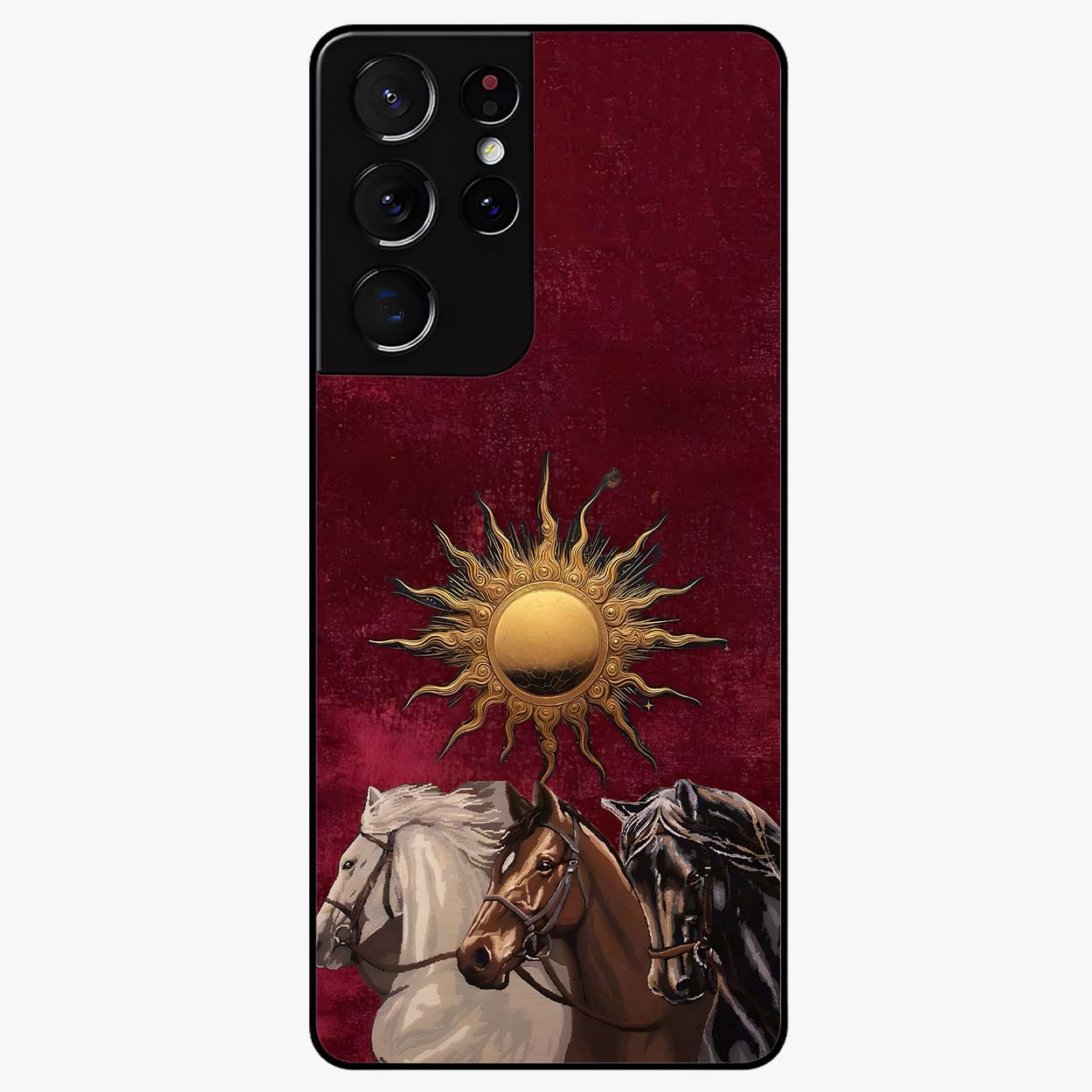 Solar Riders Glass Case showing flat back view with dynamic rider themed artwork and glossy glass finish.
