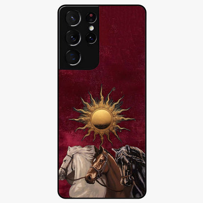 Solar Riders Glass Case showing flat back view with dynamic rider themed artwork and glossy glass finish.