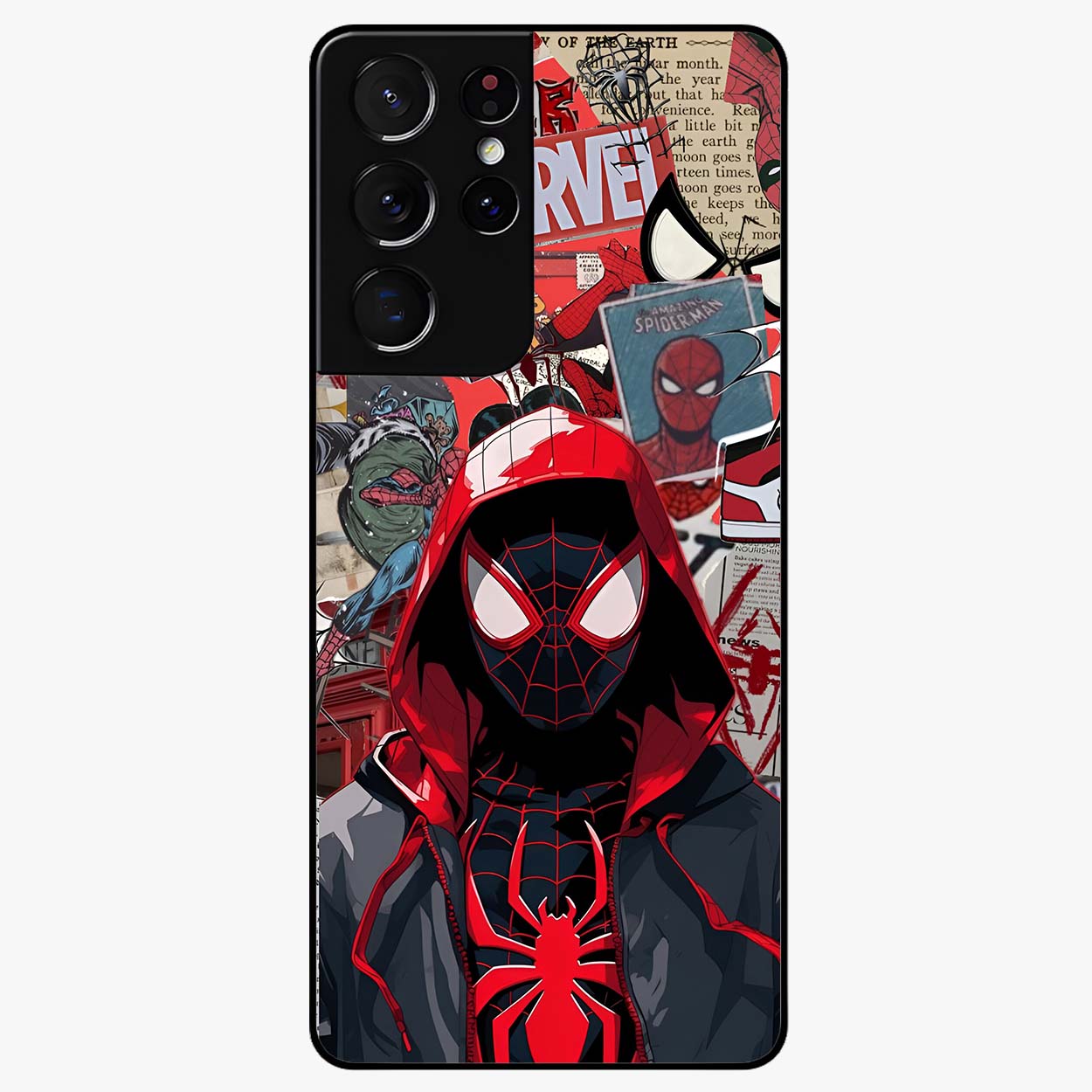 Spider Collage Street Glass Case showing flat back view with vibrant superhero collage artwork and glossy glass finish.