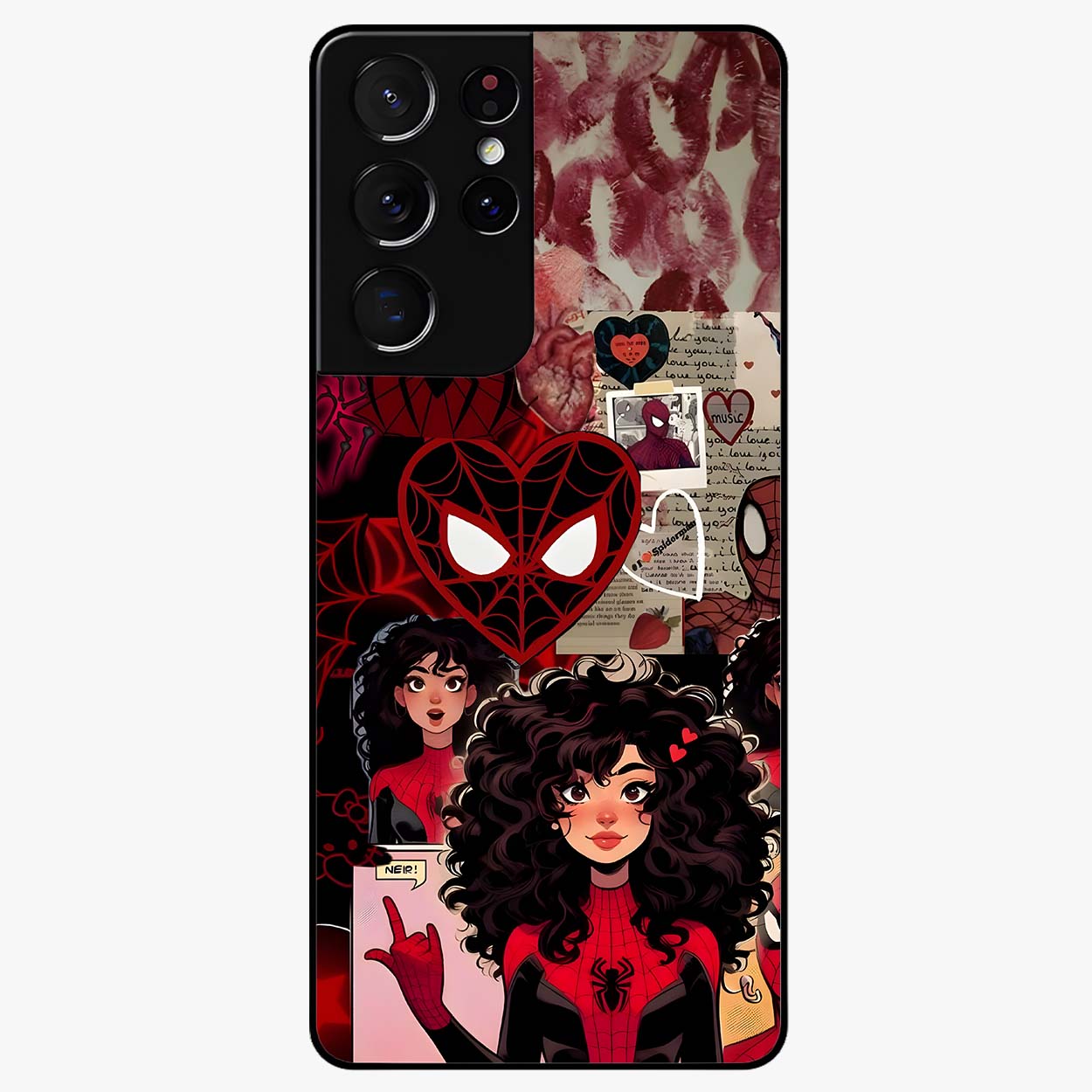 Spider Love Story Glass Case showing flat back view with romantic superhero themed artwork and glossy glass finish.