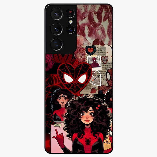 Spider Love Story Glass Case showing flat back view with romantic superhero themed artwork and glossy glass finish.