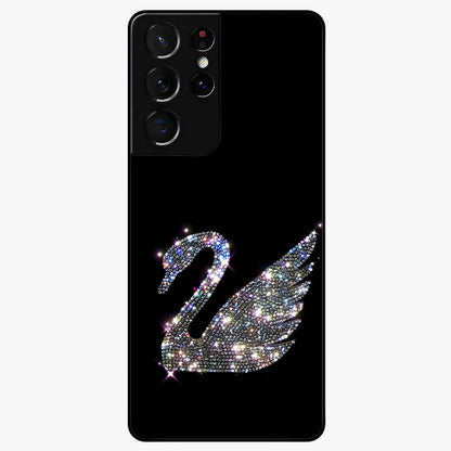 Starlit Swan Grace Glass Case showing flat back view with graceful swan artwork under starry sky and glossy glass finish.