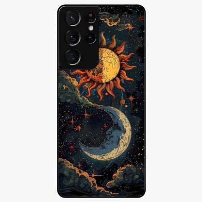 Sun And Moon Magic Design Glass Case showing flat back view with mystical sun and moon artwork and glossy glass finish.