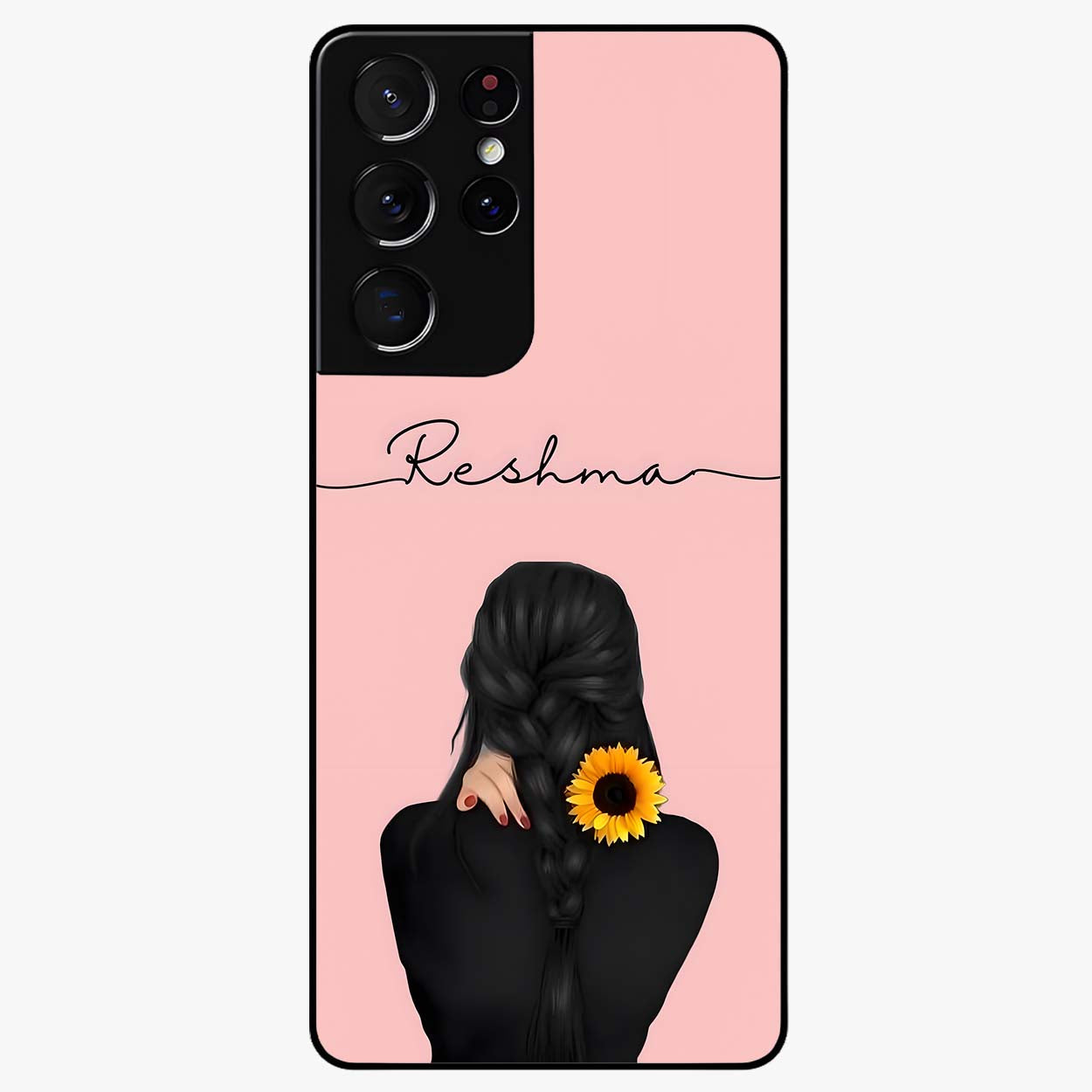 Sunflower Braid Beauty With Custom Name Glass Case showing flat back view with sunflower braid artwork and personalized name design.