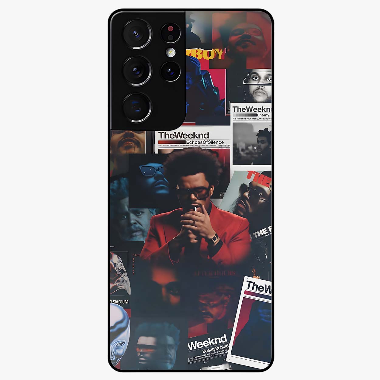 The Weeknd Glass Case showing flat back view with music inspired artistic portrait artwork and glossy glass finish.