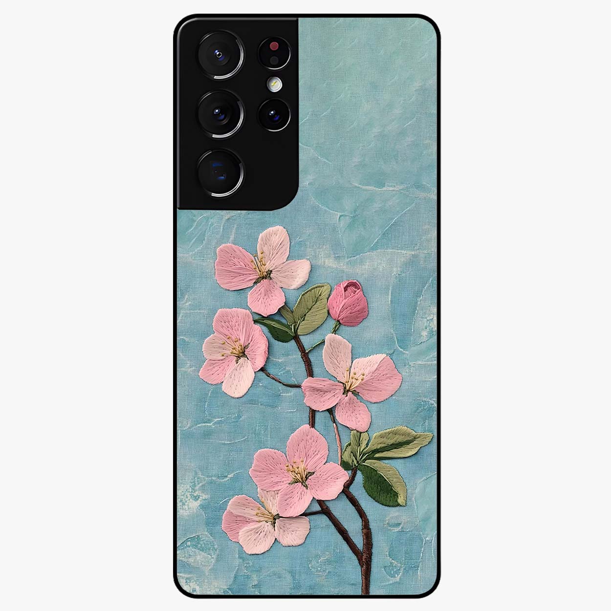 Threaded Blossom Breeze Glass Case showing flat back view with delicate blossom artwork and glossy glass finish.