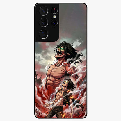 Titan Awakening Fury Glass Case showing flat back view with powerful titan inspired artwork and glossy glass finish.