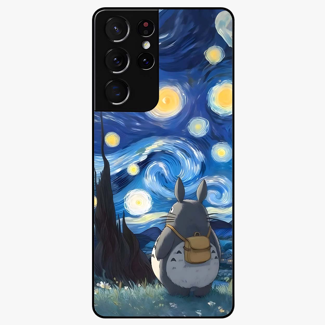 Totoro In Van Gogh Art Glass Case showing flat back view with whimsical character artwork inspired by Van Gogh style and glossy glass finish.