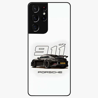 Turbo Legacy Icon Glass Case showing flat back view with iconic sports car inspired artwork and glossy glass finish.