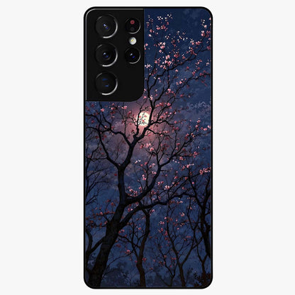 Twilight Sakura Serenade Glass Case showing flat back view with cherry blossom artwork at twilight and glossy glass finish.