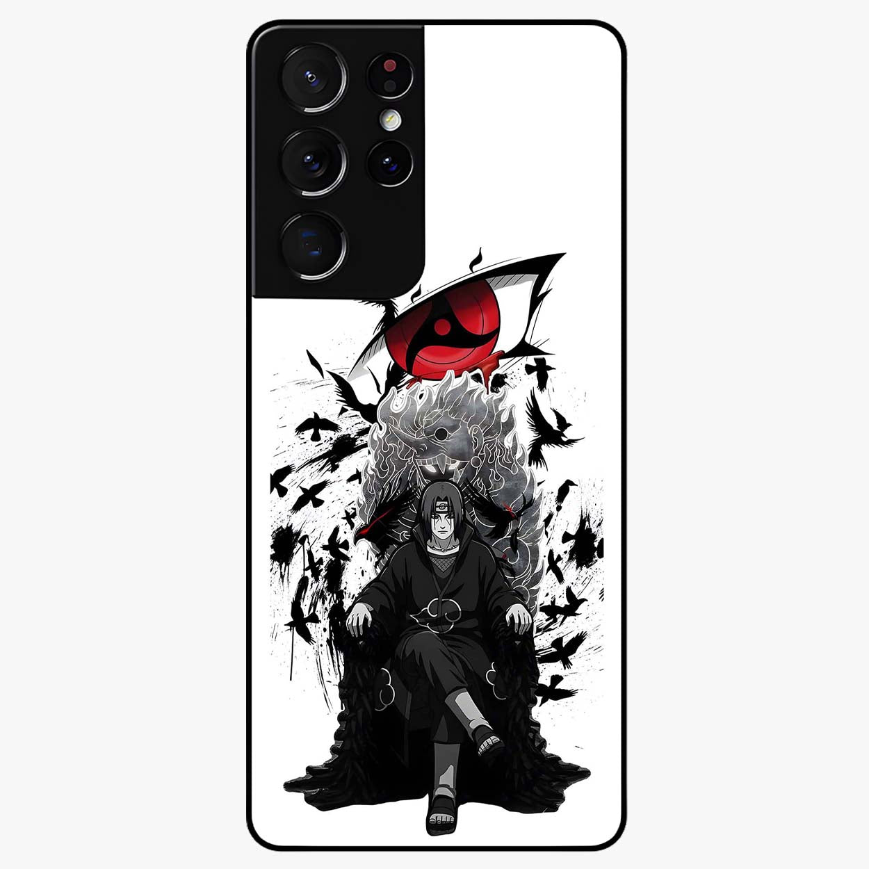 Uchiha Shadow Throne Glass Case showing flat back view with cosmic underwater themed artwork and glossy glass finish.