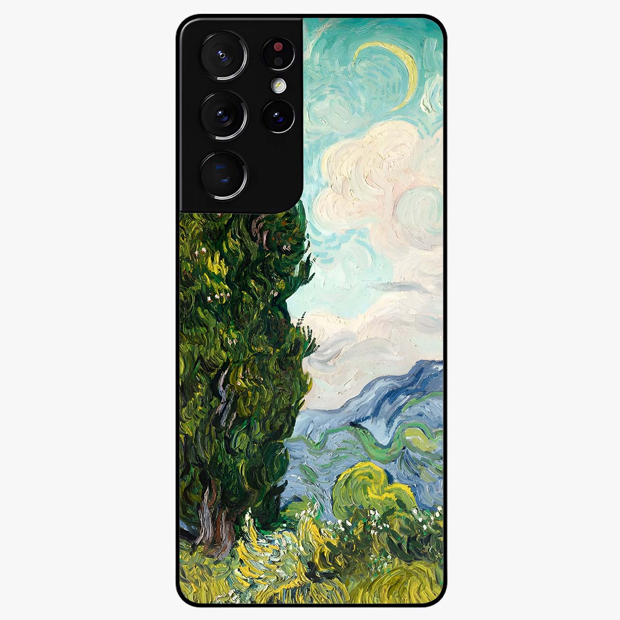 Van Gogh Vintage Art Glass Case showing flat back view with vintage painterly artwork inspired by Van Gogh style and glossy glass finish.