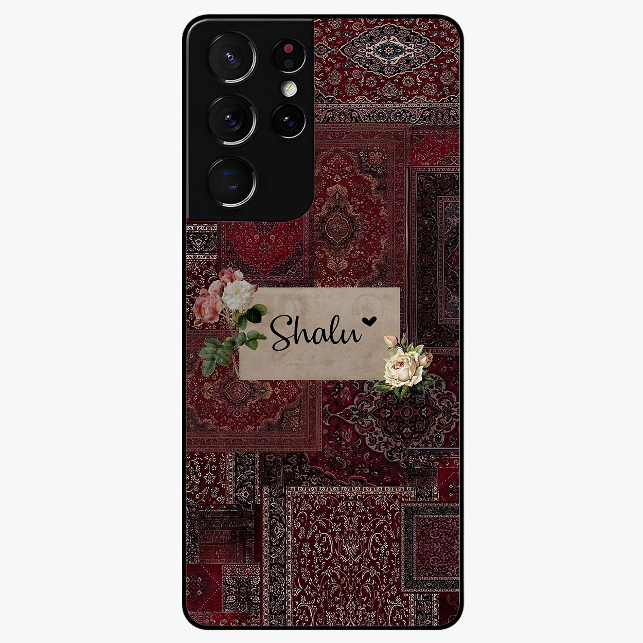 Velvet Wine Pattern Custom Name Glass Case showing flat back view with elegant wine colored pattern artwork and personalized name design.