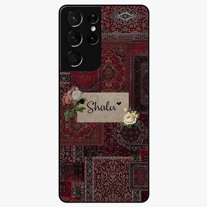 Velvet Wine Pattern Custom Name Glass Case showing flat back view with elegant wine colored pattern artwork and personalized name design.