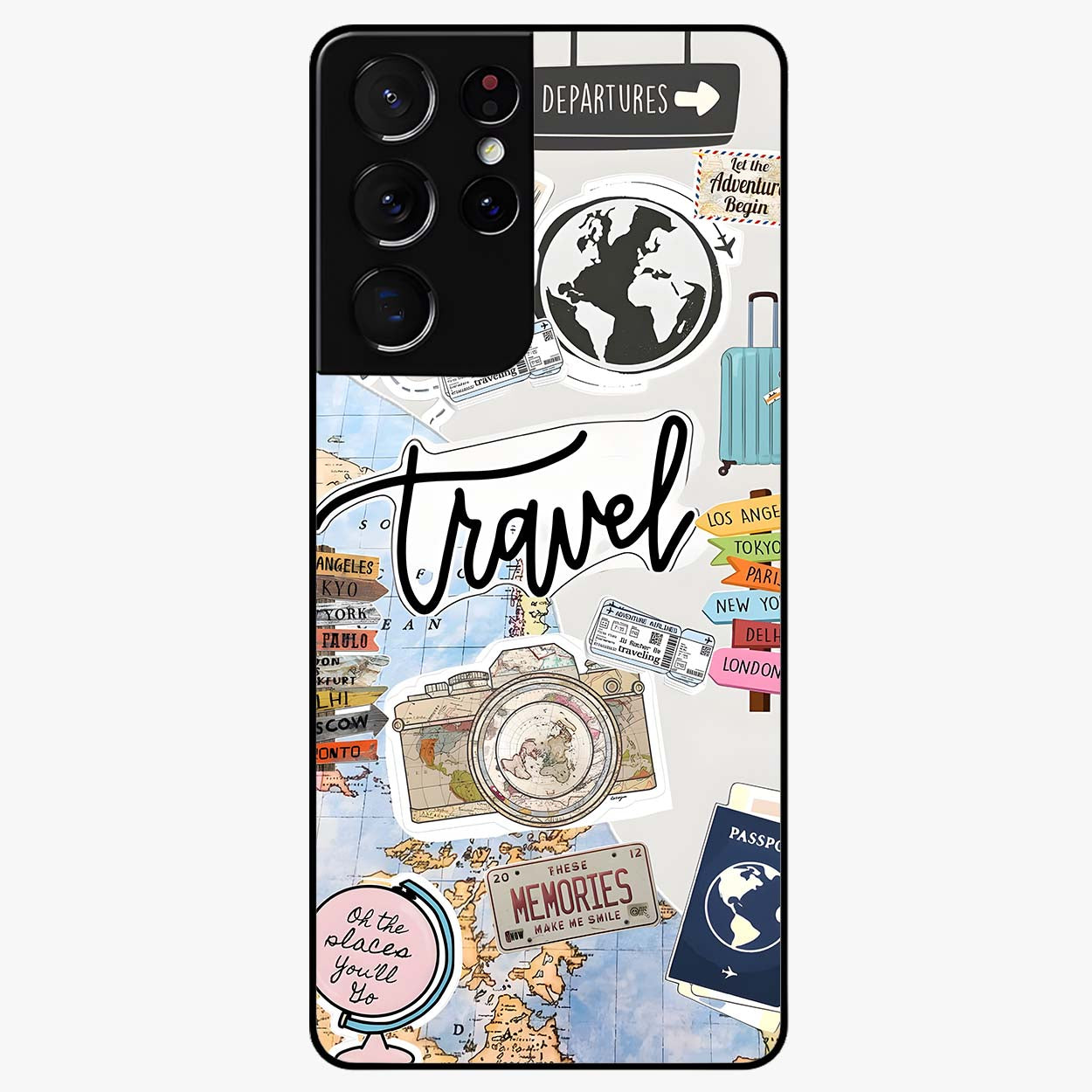 Wanderlust Journal Glass Case showing flat back view with travel inspired artwork and glossy glass finish.