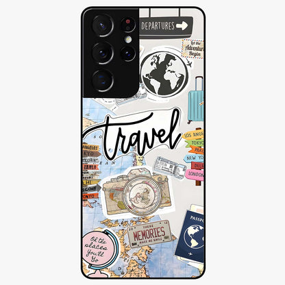 Wanderlust Journal Glass Case showing flat back view with travel inspired artwork and glossy glass finish.