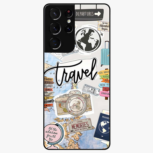 Wanderlust Journal Glass Case showing flat back view with travel inspired artwork and glossy glass finish.