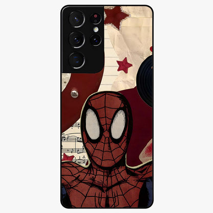 Web Warrior Vibes Glass Case showing flat back view with superhero inspired web themed artwork and glossy glass finish.