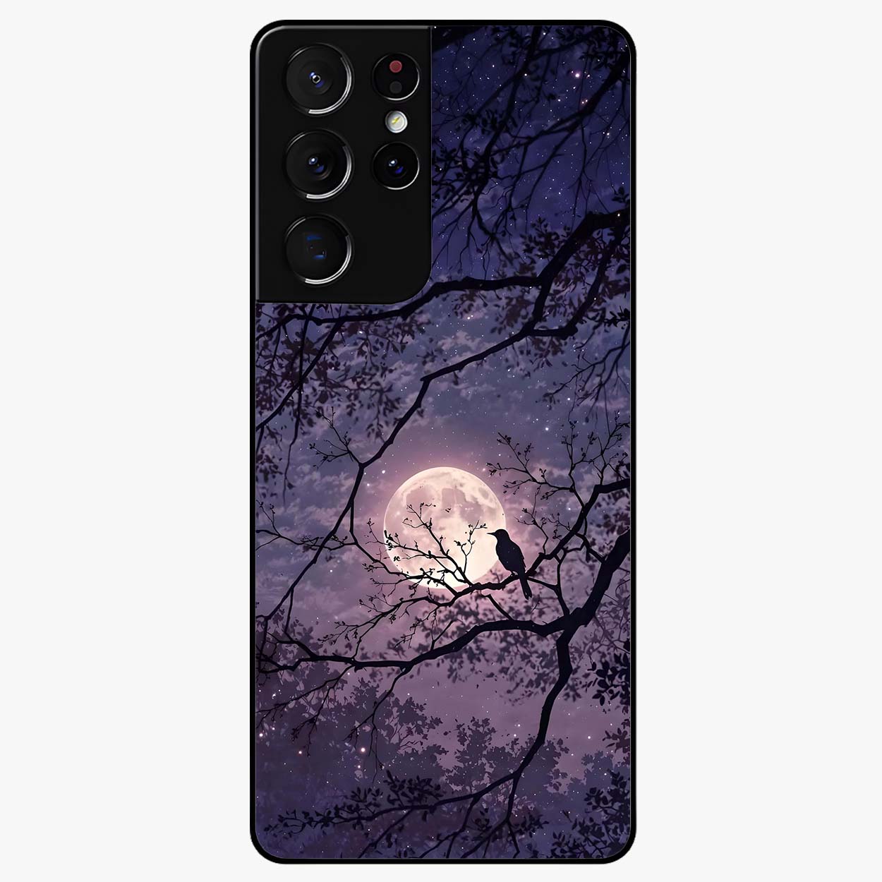 Whispering Moon Silence Glass Case showing flat back view with serene moon themed artwork and glossy glass finish.