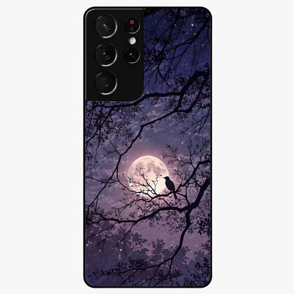 Whispering Moon Silence Glass Case showing flat back view with serene moon themed artwork and glossy glass finish.