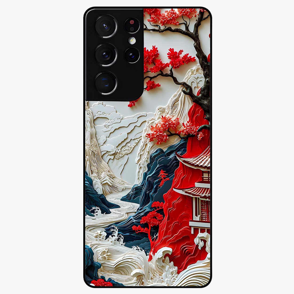 Whispers Of Sakura Waves Glass Case showing flat back view with cherry blossom wave artwork and glossy glass finish.