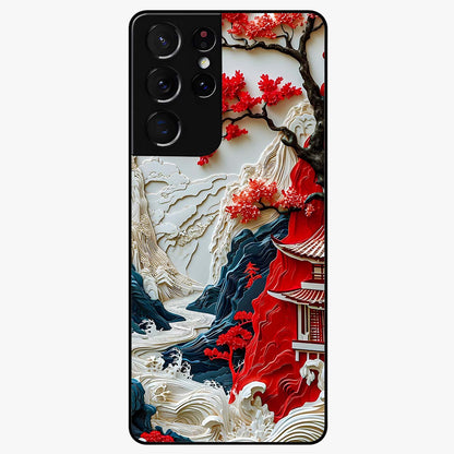 Whispers Of Sakura Waves Glass Case showing flat back view with cherry blossom wave artwork and glossy glass finish.