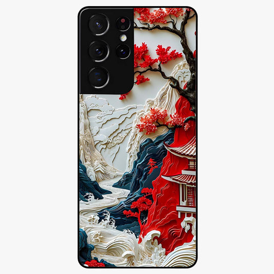 Whispers Of Sakura Waves Glass Case showing flat back view with cherry blossom wave artwork and glossy glass finish.