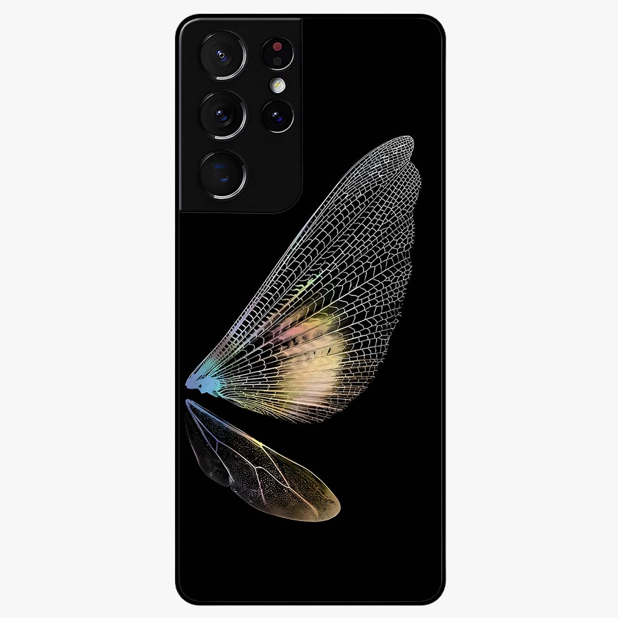 Whispers Of Wings Glass Case showing flat back view with graceful wing inspired artwork and glossy glass finish.