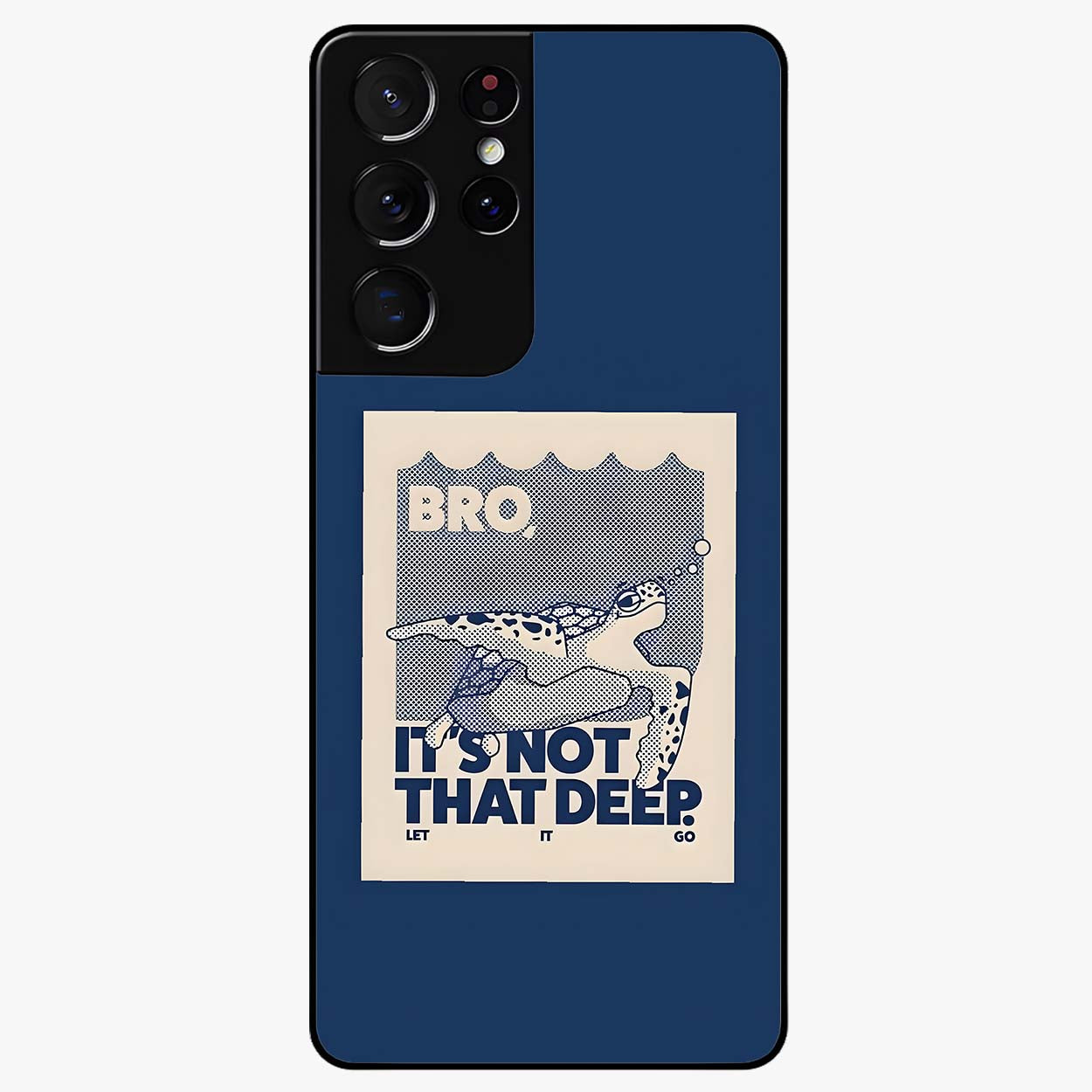 Worry Less Swim Glass Case showing flat back view with playful motivational artwork and glossy glass finish.