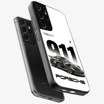 911 Turbo Dominance Glass Case displayed in premium angled mockup highlighting sporty car illustration and sleek glass surface.