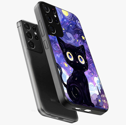 Abstract Cat Art Glass Case displayed in angled mockup highlighting modern abstract cat artwork and sleek glass surface.