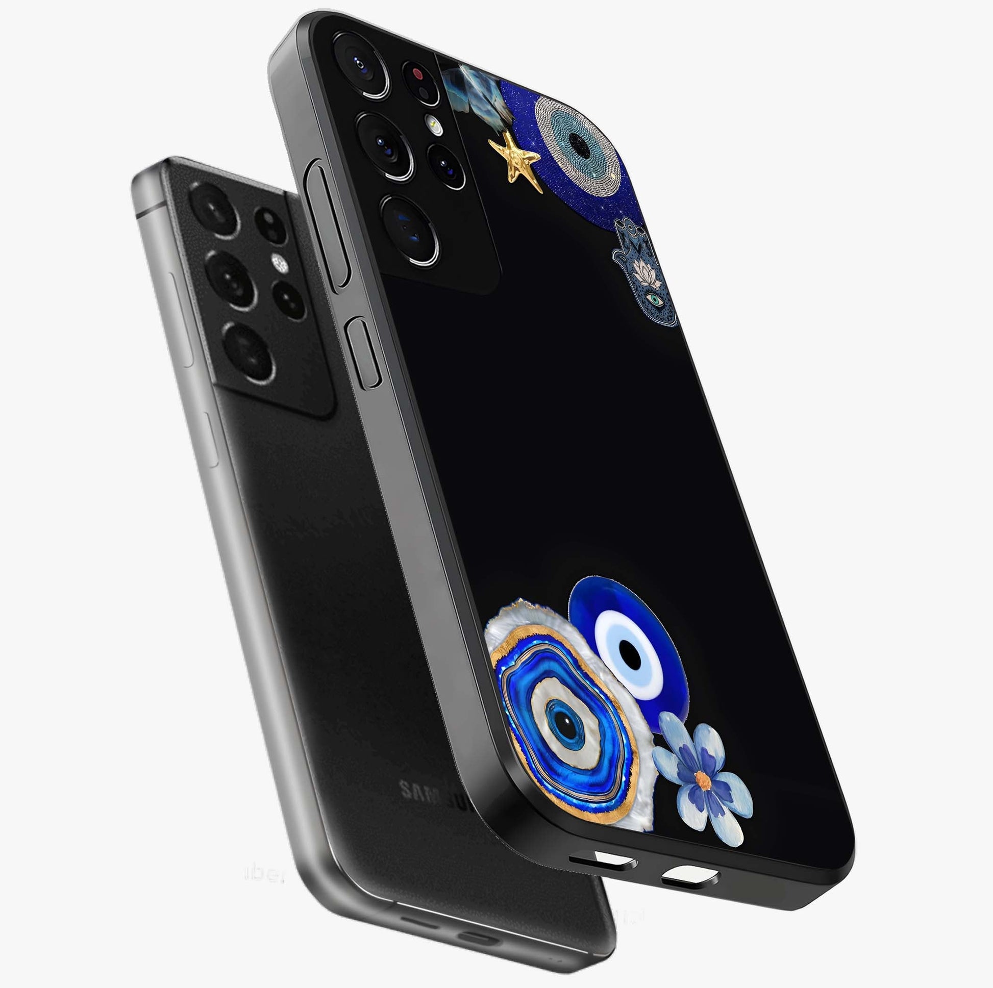 Aesthetic Blue Evil Eye Glass Case displayed in angled mockup highlighting blue evil eye symbol and spiritual aesthetic design.