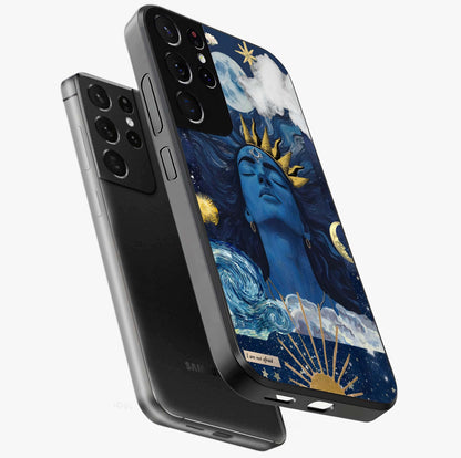 Aesthetic Lord Shiva Glass Case displayed in angled mockup highlighting spiritual Shiva illustration and sacred aesthetic design.