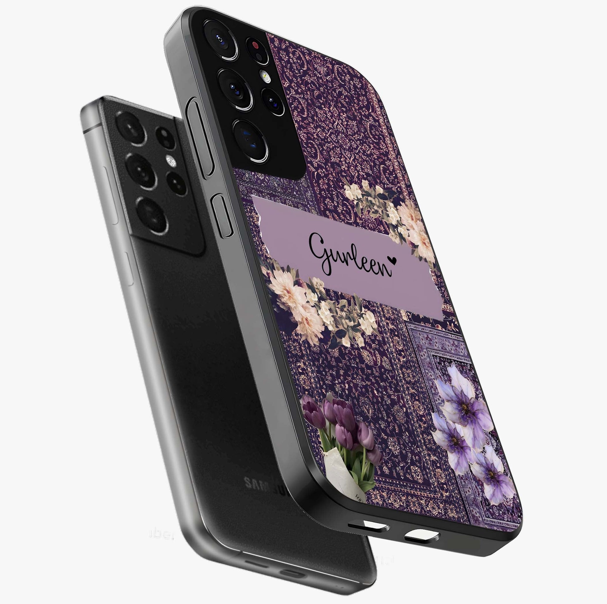 Antique Floral Whisper Custom Name Glass Case displayed in angled mockup highlighting elegant antique floral aesthetic.