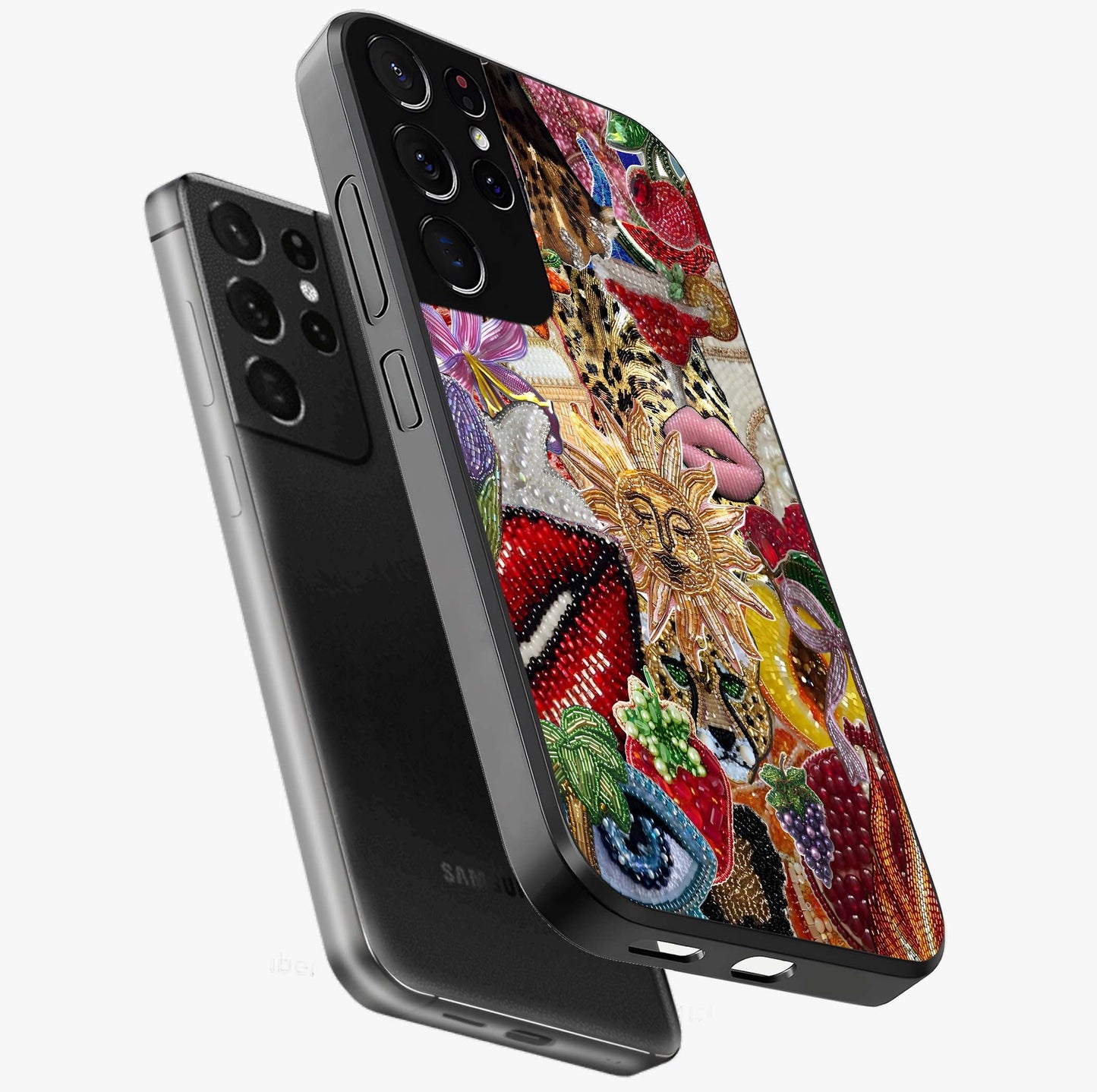Beaded Fashion Jungle Glass Case displayed in angled mockup highlighting colorful fashion bead design and artistic pattern.