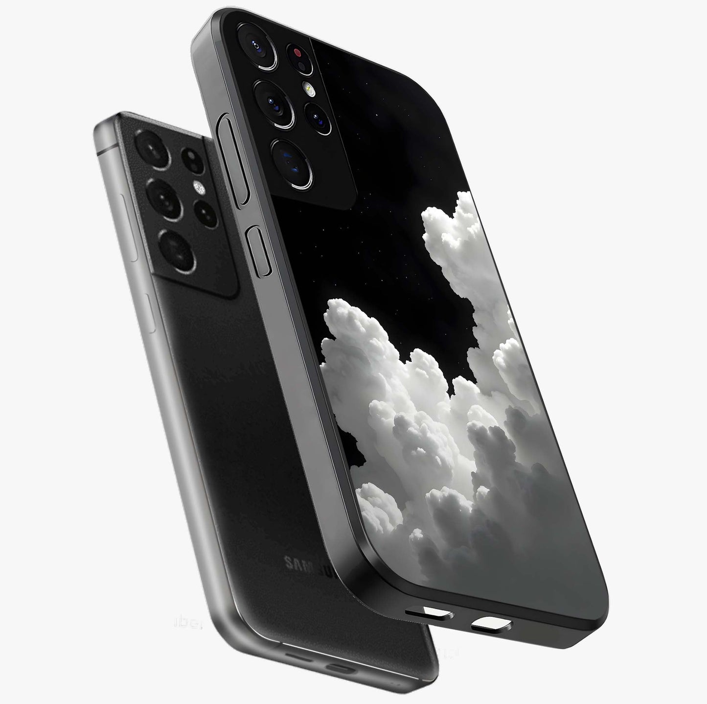 Black Background With White Cloud Glass Case displayed in angled mockup highlighting soft white cloud illustration and minimal design.