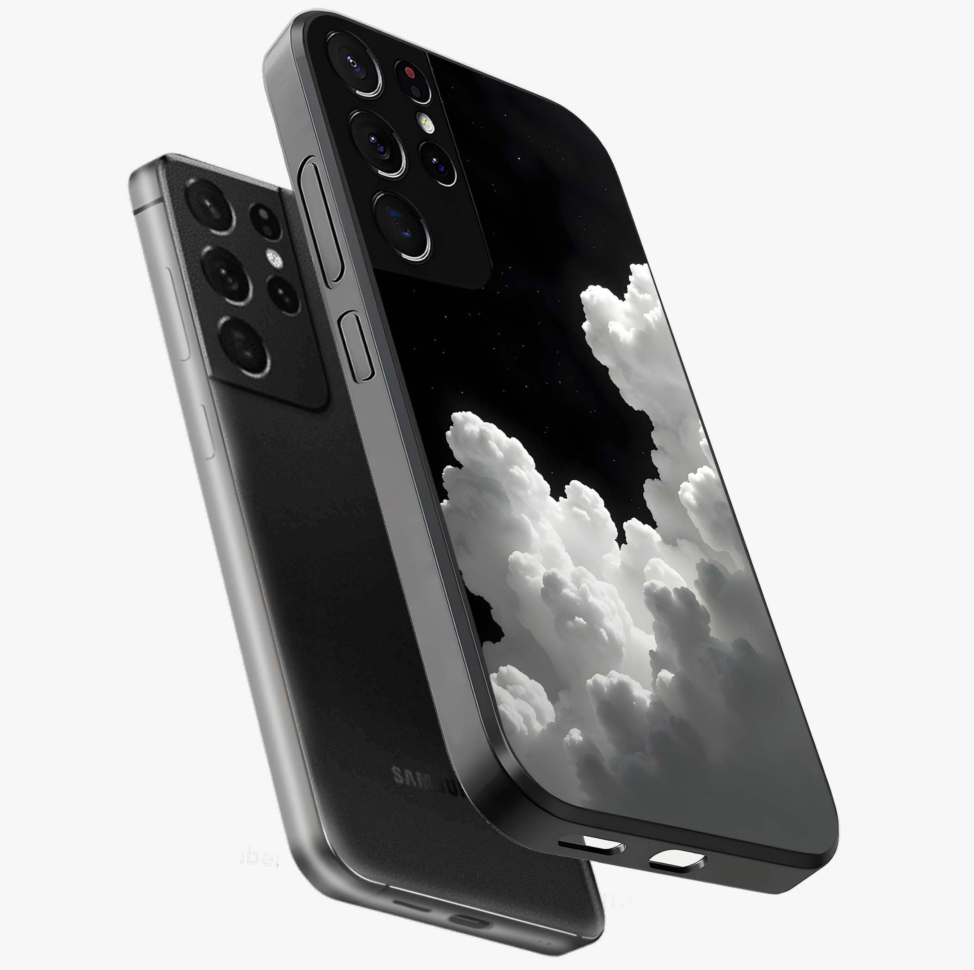 Black Background With White Cloud Glass Case displayed in angled mockup highlighting soft white cloud illustration and minimal design.