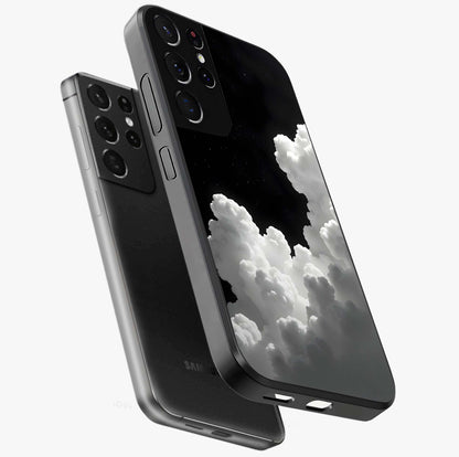 Black Background With White Cloud Glass Case displayed in angled mockup highlighting soft white cloud illustration and minimal design.