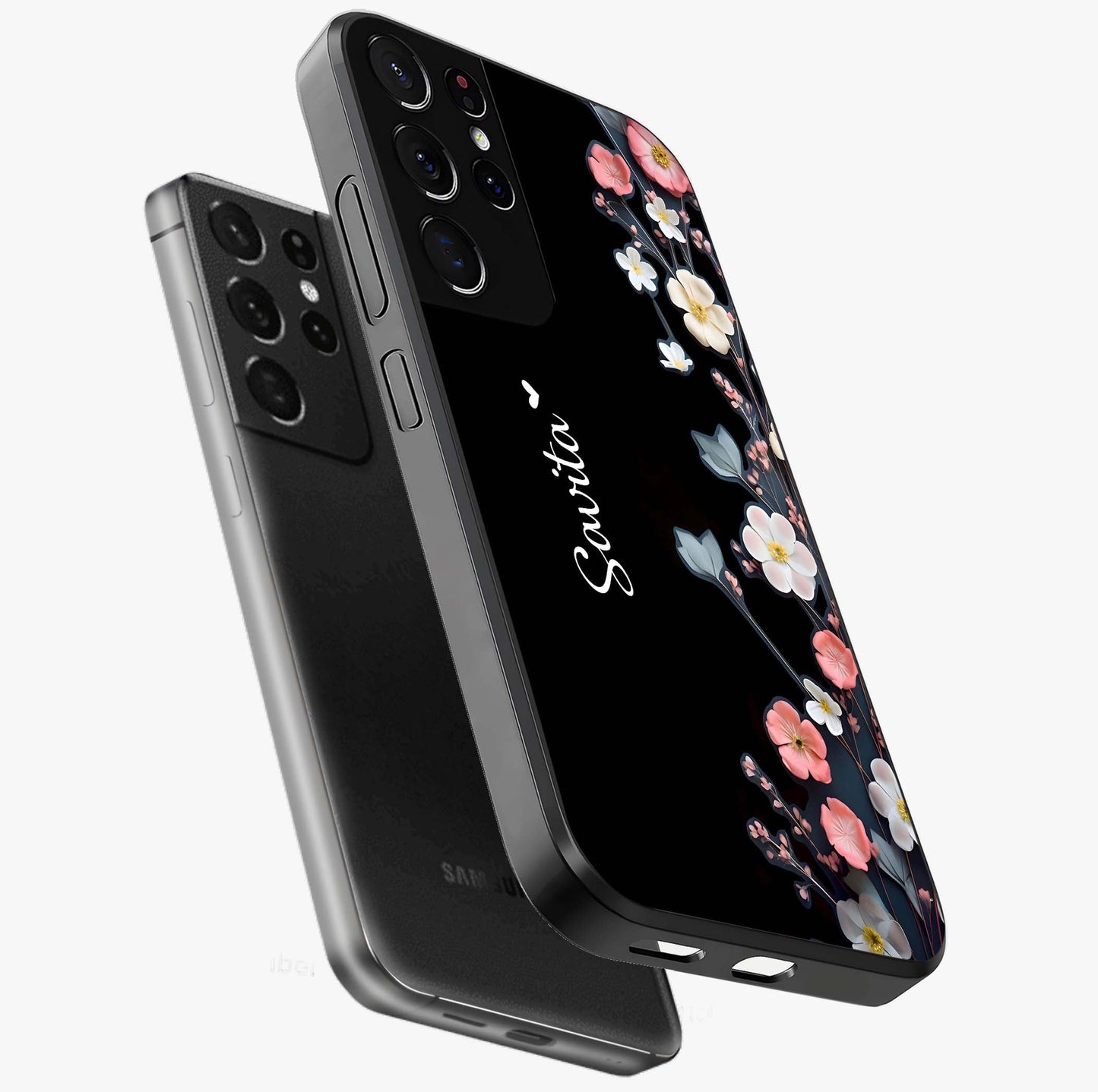 Black Elegance Floral Custom Name Glass Case displayed in angled mockup highlighting dark floral aesthetic and custom name feature.