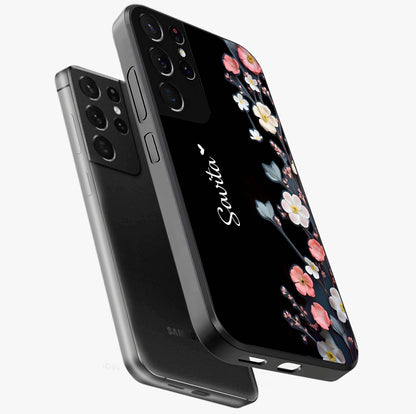 Black Elegance Floral Custom Name Glass Case displayed in angled mockup highlighting dark floral aesthetic and custom name feature.