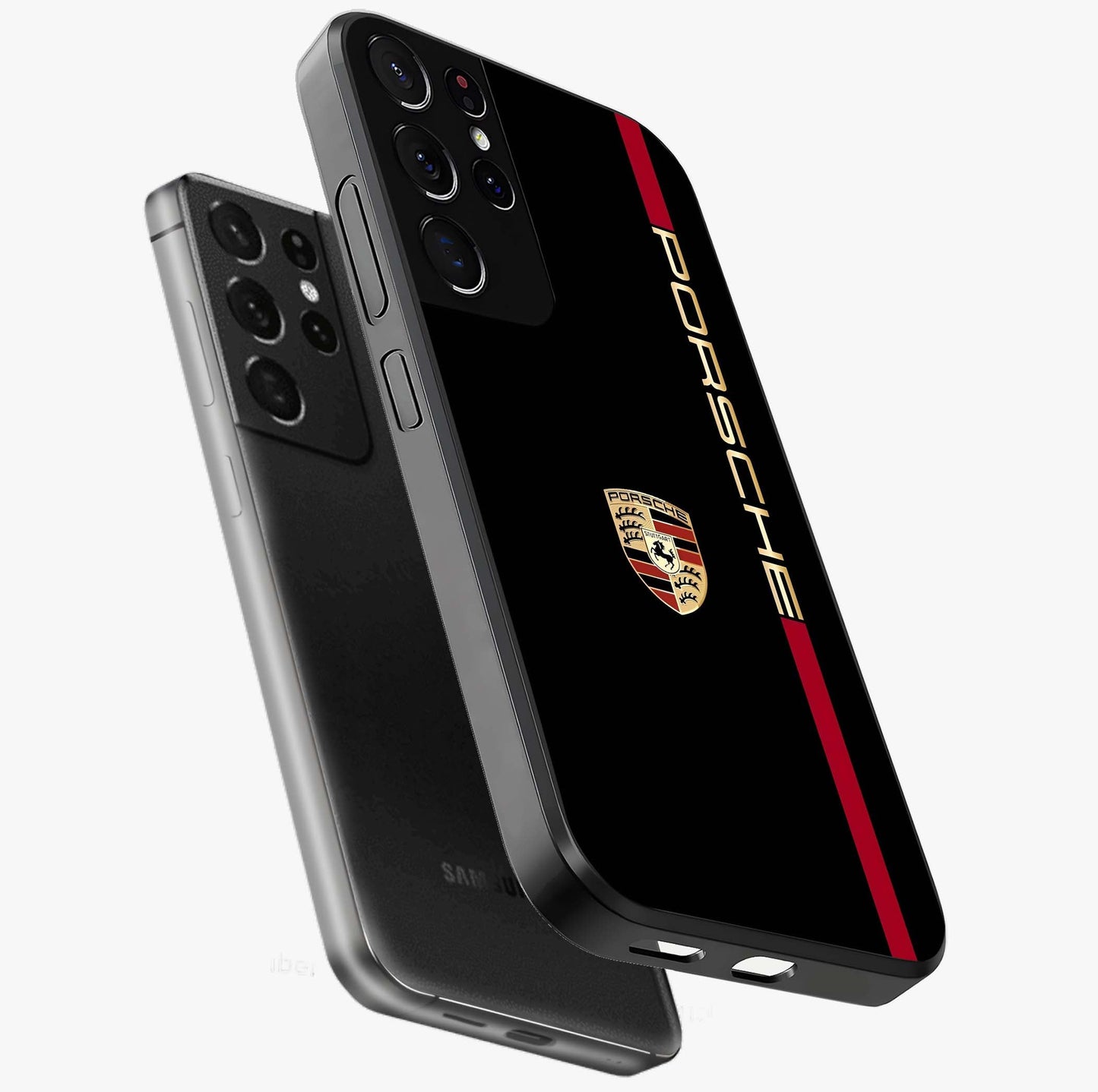 Black Minimal Porsche Glass Case displayed in angled mockup highlighting modern minimal car illustration and clean aesthetic design.