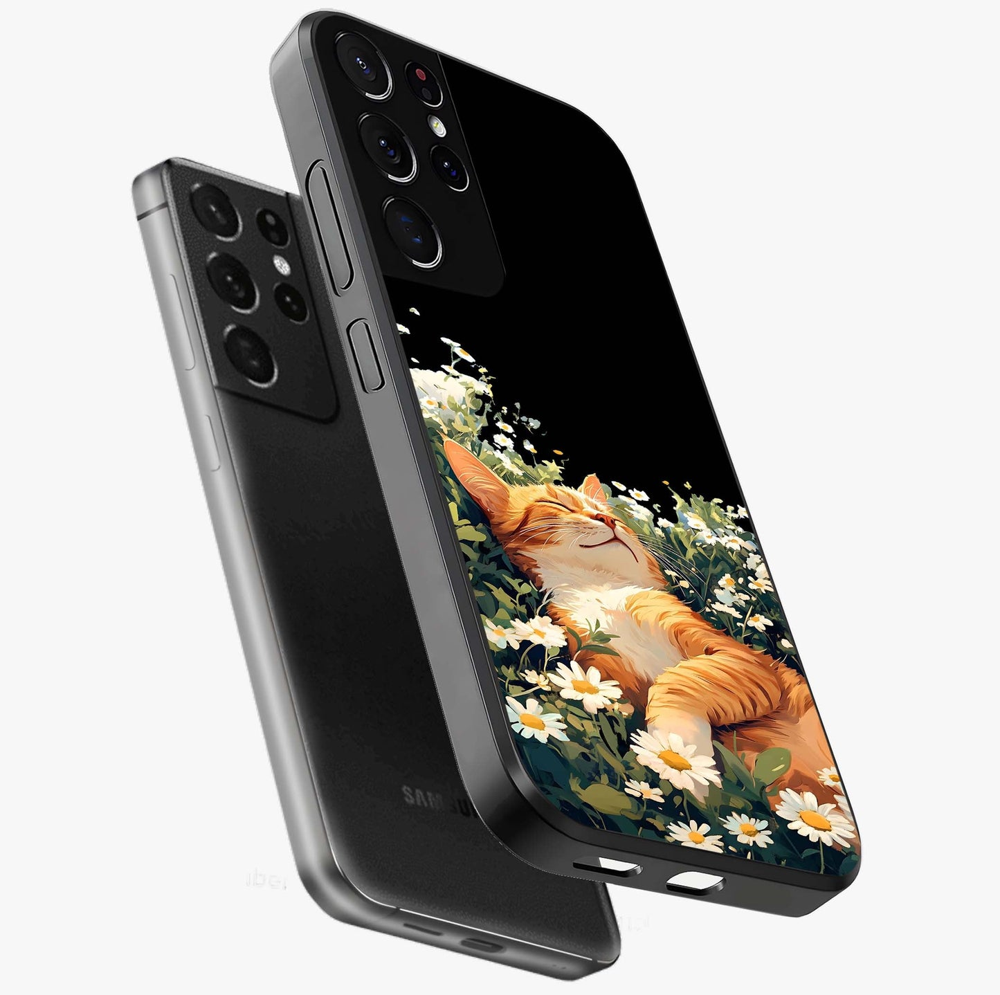 Blissful Bloom Cat Glass Case displayed in angled mockup highlighting playful feline illustration with soft floral aesthetic.